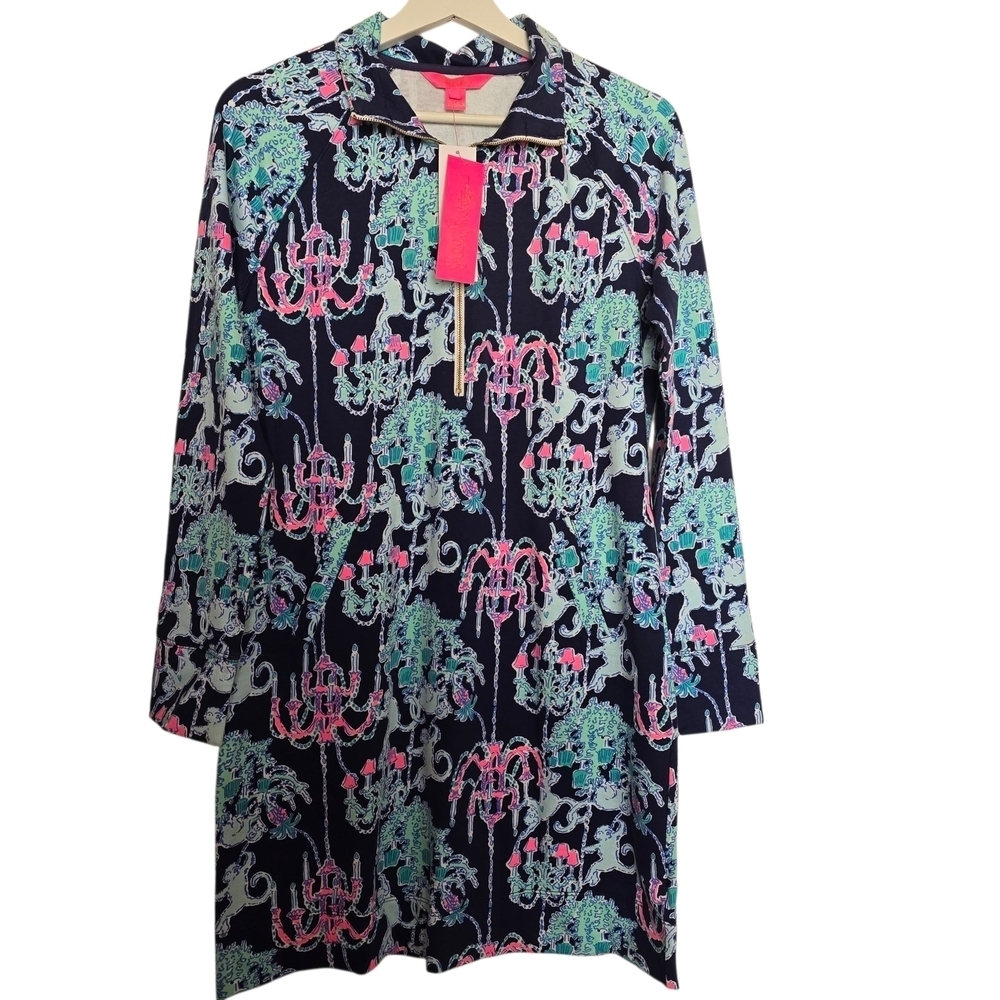 NWT Lilly Pulitzer Navy and Pink Monkey Trouble Chandelier Print Skipper Dress